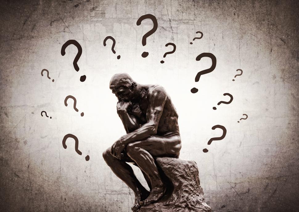 Download Free Stock Photo of Rodins Thinker surrounded by question marks 
